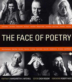 Book cover for The Face of Poetry, including 6 black and white portraits by Margaretta Mitchell of poets featured in the book.