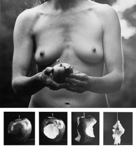 Composite view of 2 black and white images: above, close-up of apple held by a nude woman in front of her torso; below, close-up of the apple as it is progressively eaten (from left to right: full apple, apple missing a bite, apple largely eaten, apple core).